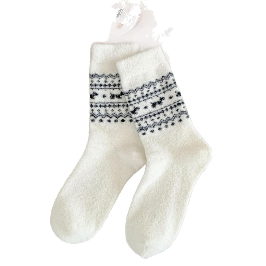 Fair Isle Puppy Bow Mid-Calf Wool Socks - Cozy Autumn/Winter Japanese Style Women's Warmth