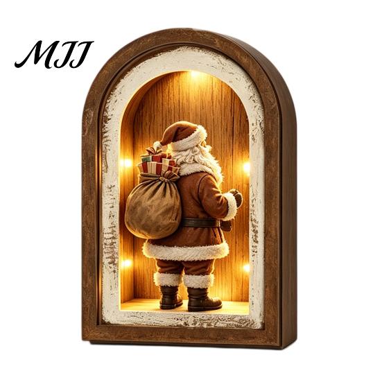 Farmhouse Christmas Tree Decorations Vintage Arched Wooden Wall Art, Double Layer Wood Framed Sign, Bedroom Winter Ornaments Xmas Print Hanging Decor