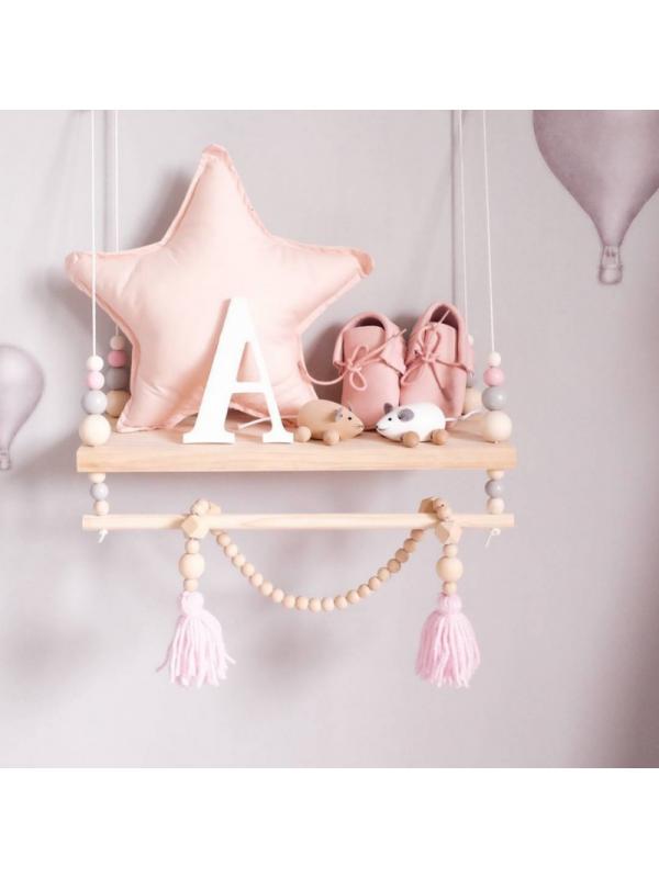 Nástěnná police z dřevěných korálků v severském stylu, úložný regál pro domácí dekoraci