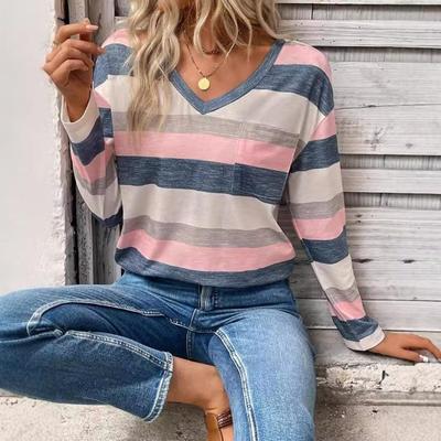 Women's Top Fall Winter Loose Stripe Print V-neck T-shirt