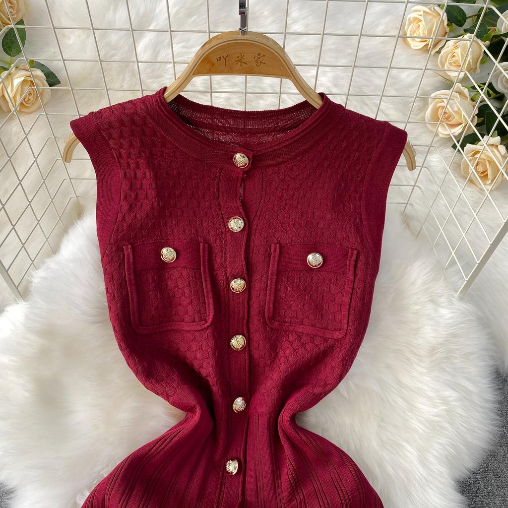 Summer Women O-neck Sleeveless Single Breasted Knitted Mid-calf Slim Tank Sweater Dresses