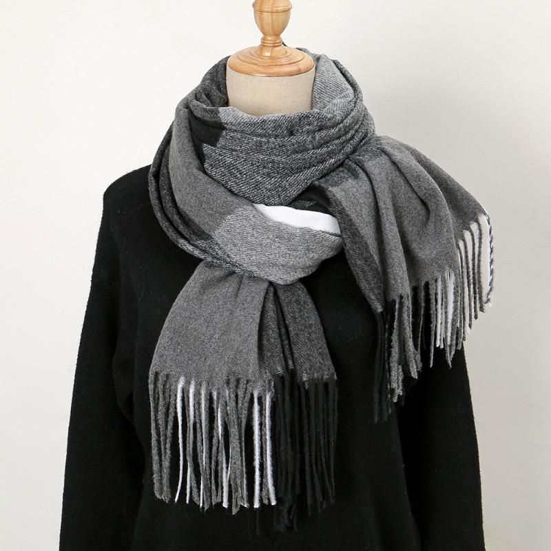 Contrasting color plaid imitation cashmere versatile scarf autumn and winter women's atmosphere fringed warm shawl scarf