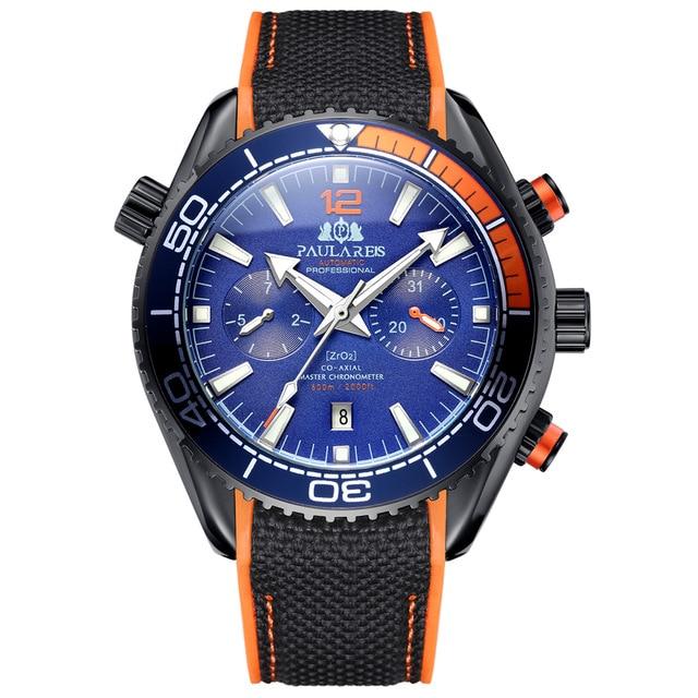 PAULAREIS Masculino Automático Auto Vento Mecânico Pulseira de Borracha de Lona Laranja Azul Vermelho Multifuncional Data Mês Relógio