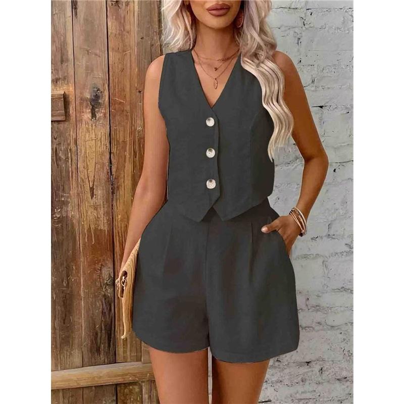 Women 2 Piece Outfit V Neck Sleeveless Button Vest High Waist Pocket Shorts Summer Linen Suit