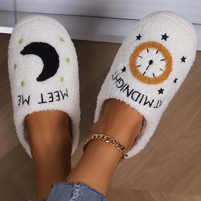 

Модные домашние тапочки с рисунком лунных часов из искусственной овечьей шерсти для женщин, зимние теплые плюшевые шлепанцы с нескользящей подошвой 44-45 белый