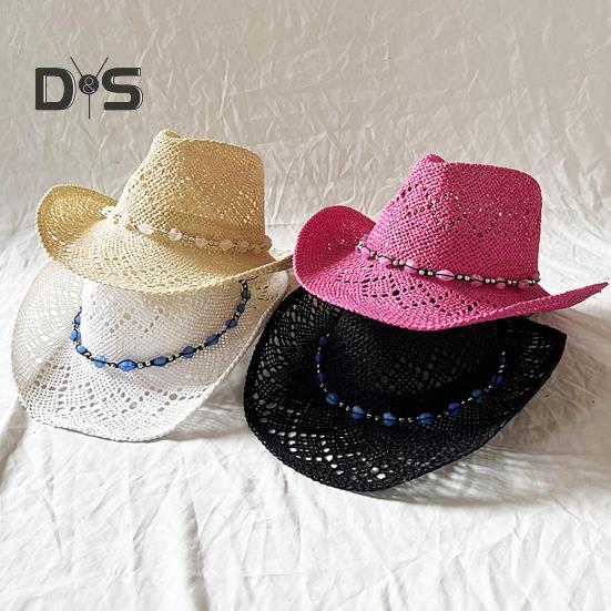 Summer Straw Hat Hollow Out Foldable Adjustable Bead Decor Curled Edge Windproof Strap Western Cowboy Style Solid Color Outdoor Cap