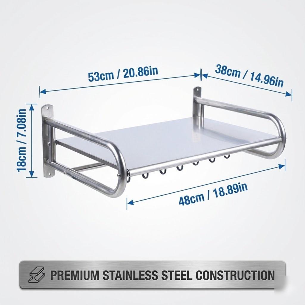 Stainless Steel Microwave Oven Wall Shelf Kitchen Storage Rack Organizer With 6 Hooks Heavy Duty 20kg Capacity