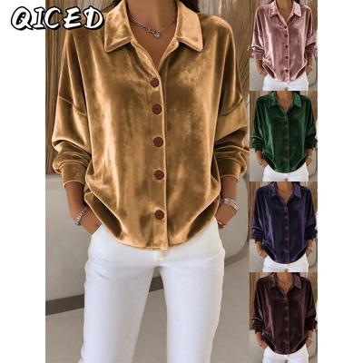 Women's Fashion Casual Solid Color Print Long Sleeve POLO Neck Blouses & Shirts