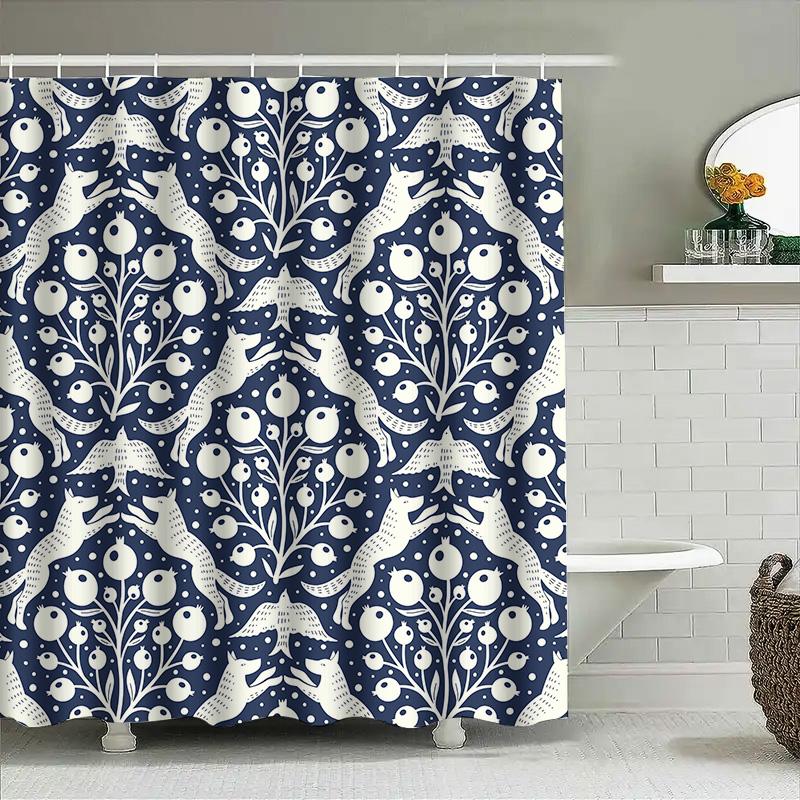 

Blue And White Shower Curtain With Winter Forest Theme Featuring Rabbits, Owls, Birds, And Trees For Bathroom Decor Waterproof F W60H190(CM)-1 Pcs