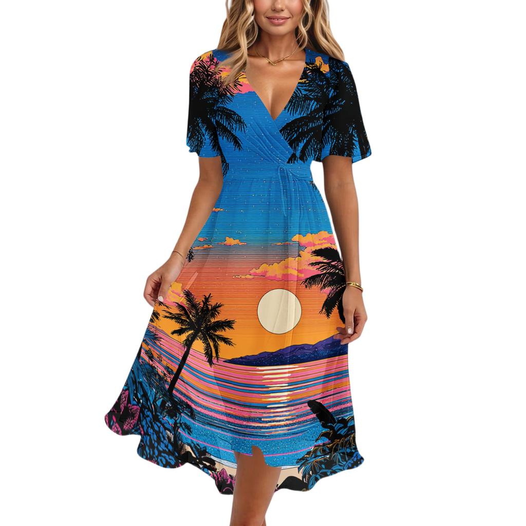 Women's Casual V Neck Short Sleeve Hawaiian Print Dress Midi Length Lightweight Comfortable Summer Beach Dress