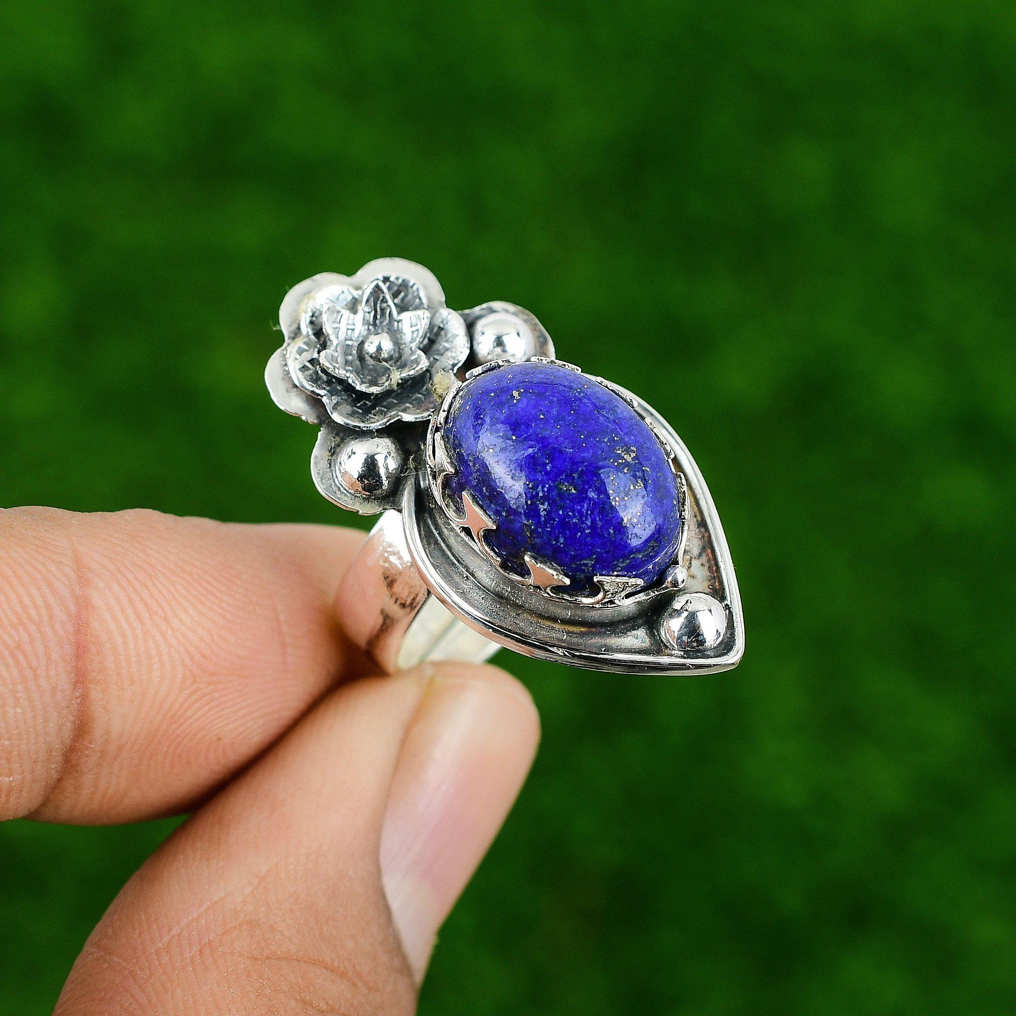 

Gift For Women Promise Flower Adjustable Ring 925 Silver Natural Lapis Lazuli Adjustable