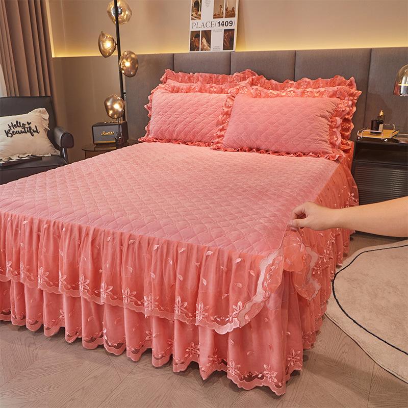 Winter Thickened Baby Fleece Lace Bed Skirt Quilted To Keep Warm Milk Fiber Bedspread Princess Lace Bedding