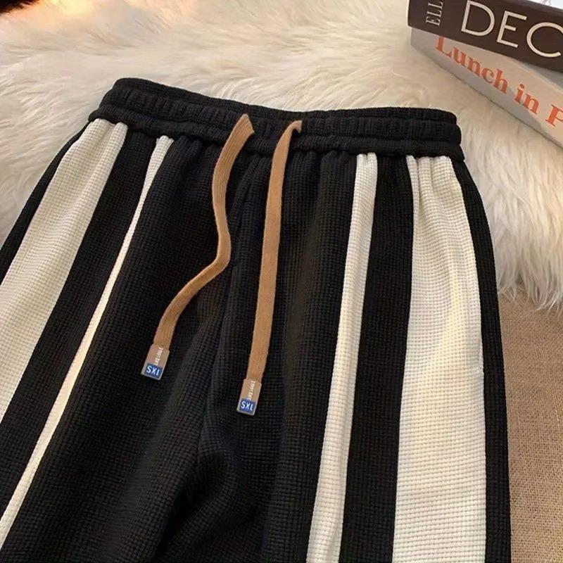 Korean-Style Trendy Color Block Striped Casual Sweatpants, Unisex Spring/Summer Waffle Drape Wide-Leg Design