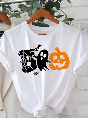 Damen Halloween T-Shirt Baumwolle Kurzarm Rundhals Lässiges Oberteil mit Spinnen Geist und Kürbis Aufdruck Geeignet für Alle Jahreszeiten