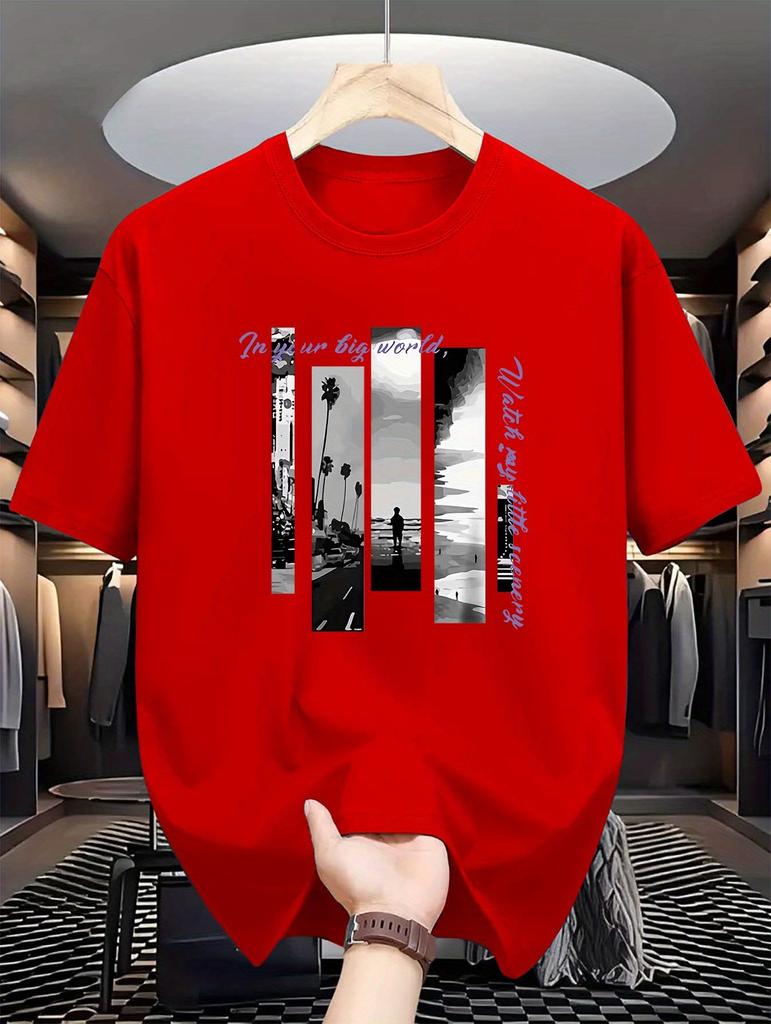 Summer Fashionable  Crew Neck T-Shirt - Men's Casual Short-Sleeve Tee with Seaside Letter Print, Slight Stretch, 180gsm