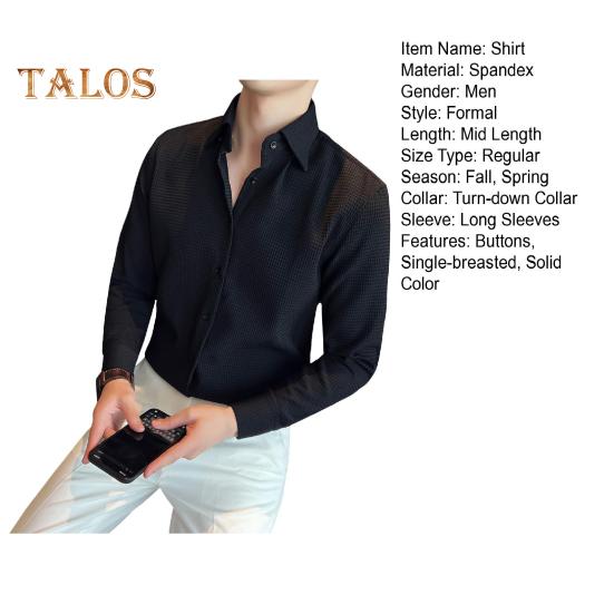 Men Spring Fall Shirt Frence Style Turn-down Collar Slim Fit Waffle Texture Single-breasted Long Sleeves Pure Color Mid Length Young Formal Business
