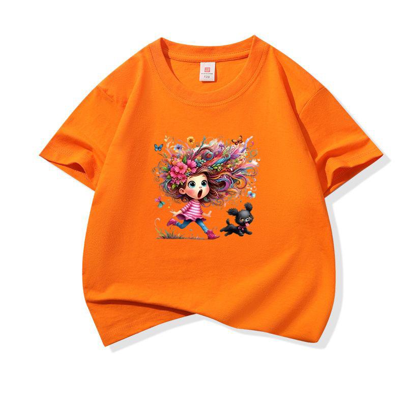 Kids Cotton T Shirt Colorful Hair Girl Running With Black Puppy Print Crew Neck Short Sleeve Tee Casual Boys Girls Summer Tops
