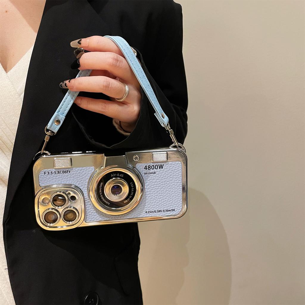 For iPhone 13 Pro Cases Camera Shaped Electroplating TPU Phone Cover with Wrist Strap