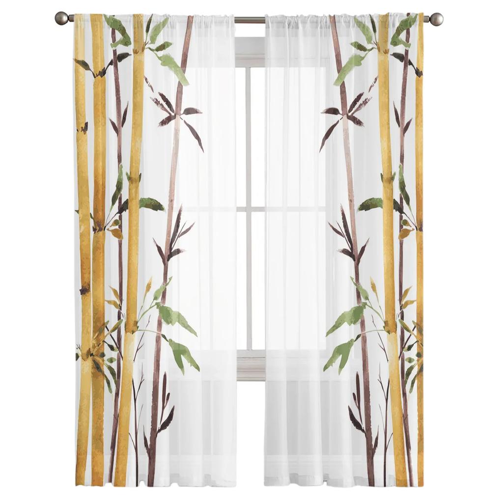 Bamboo Watercolor Painting Plant Art White Tulle Sheer Curtains for Living Room Bedroom Window Curtain Voile Organza Drapes