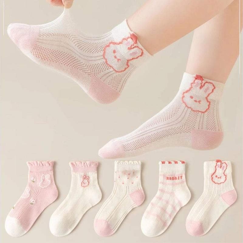 Girls Summer Thin Cotton Mesh Socks Cute Rabbit Princess Breathable Short Socks for Kids Age 3-13 Years Old