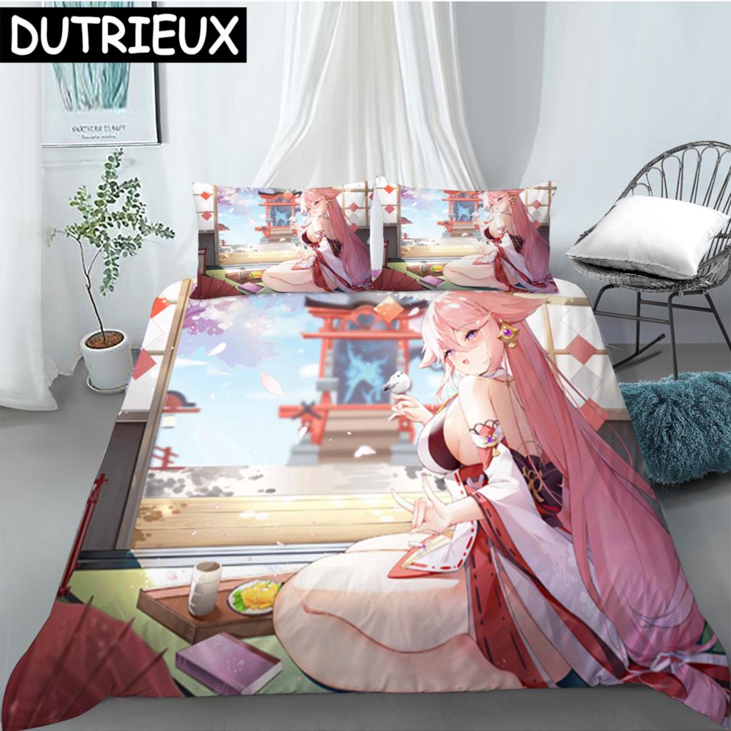 Hot Sale Game Anime Genshin Impact Printed Bedding Set Duvet Covers Pillowcases Comforter Bedding Set Bedclothes Duvet Cover 03