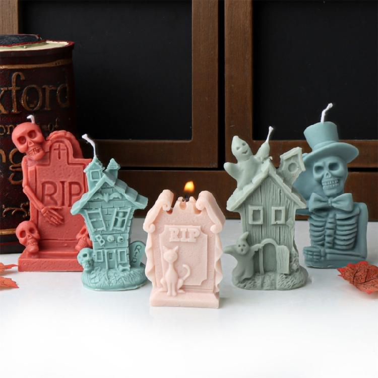 Easy Demold Silicone Candle Maker Reusable Halloween Themed Candle Mould Ghostly House and Tombstone Candle Mold