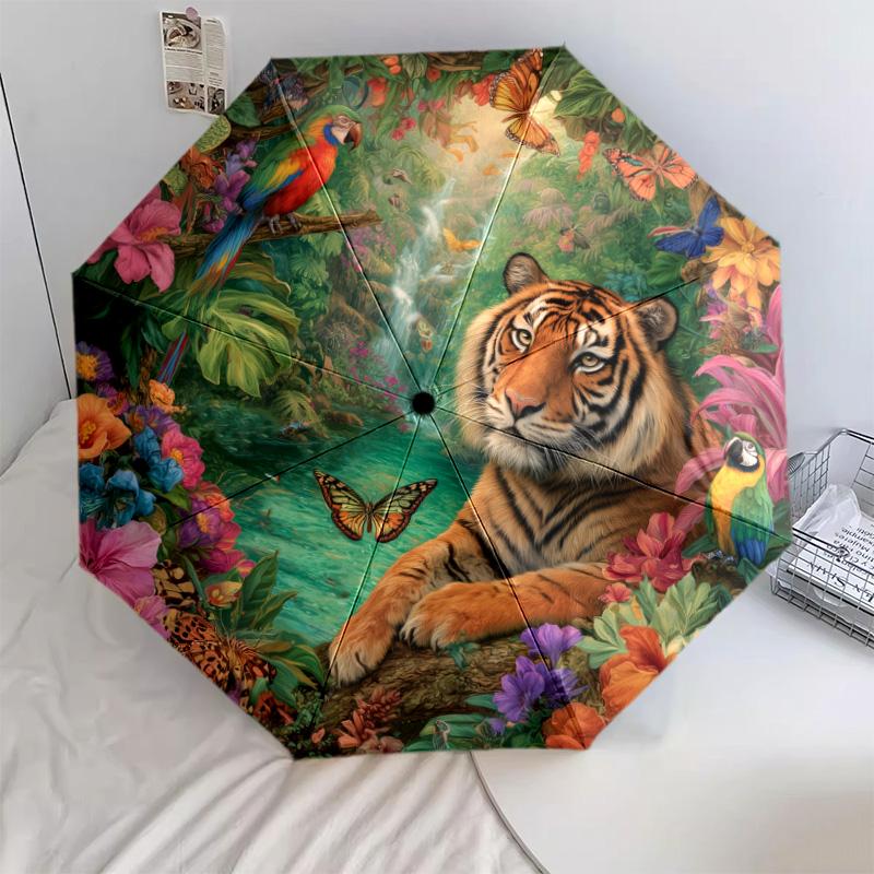 Tiger Parrot Pattern, Automatic Folding Umbrella, Portable and Foldable Design, 8 Ribs, a Christmas or Birthday Gift.