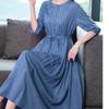 Women Round Collar Solid Color Dress Ladies Mid-length Waist Long Skirt Cotton A-Linen Dresses Women Clothing
