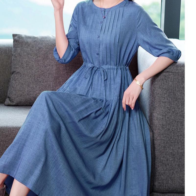 Women Round Collar Solid Color Dress Ladies Mid-length Waist Long Skirt Cotton A-Linen Dresses Women Clothing