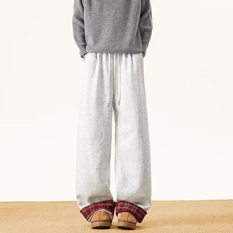 New plaid splicing sweatpants men's and women's thin wide legs loose lazy style design versatile casual trousers