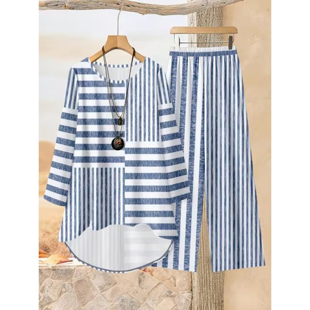 Stripe Print Two Piece Outfit Women Long Sleeve Irregular Hem Tunic Top Wide Leg Pants Casual Matching Set