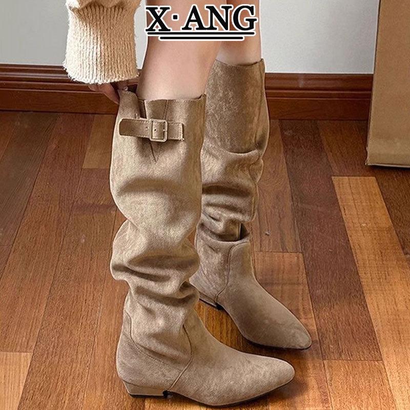 Cowhide version pointed thick heel pleated pile boots but knee high boots western cowboy boots long boots knight boots children