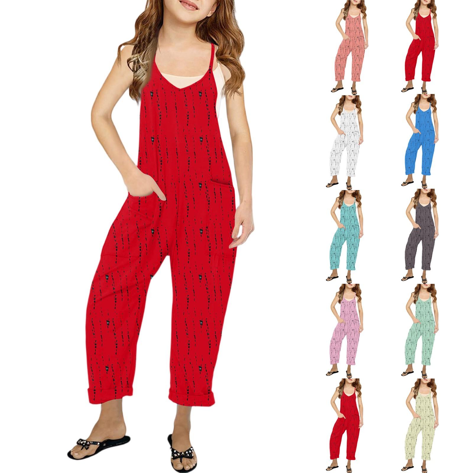 

Girls Summer Sleeveless Jumpsuit - Thin Strap Wide Leg Pants With Pockets 120 красный