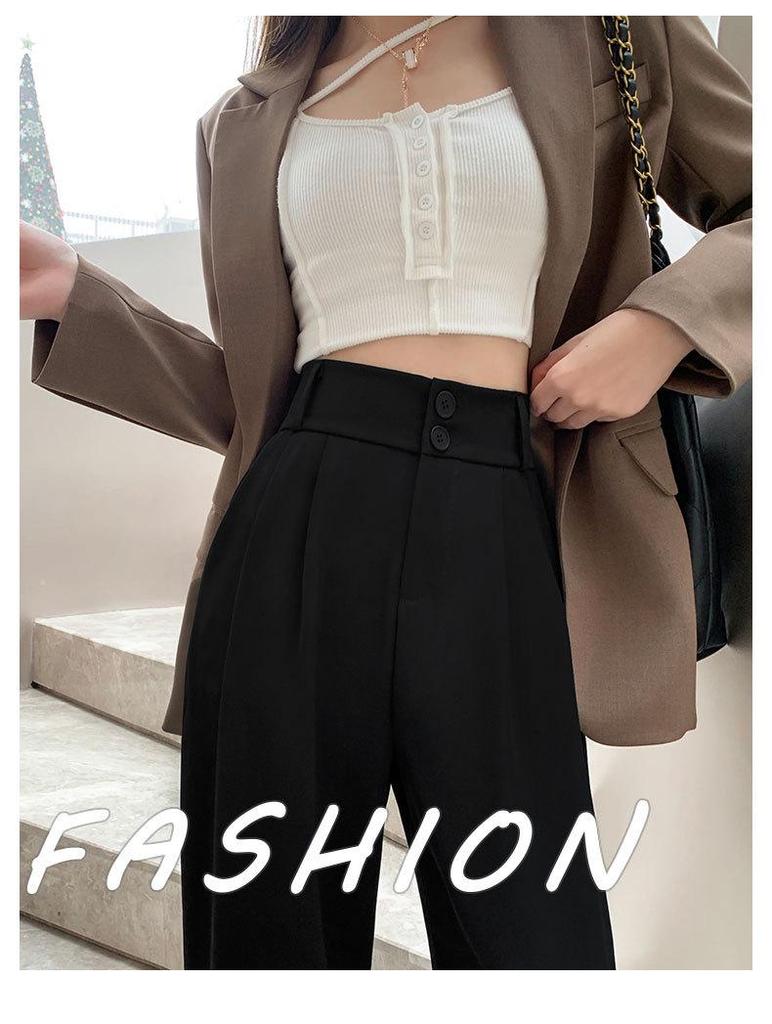 Women's High Waist Black Suit Pants - 2025 Summer Collection, Petite Wide Leg, Draped Straight Trousers