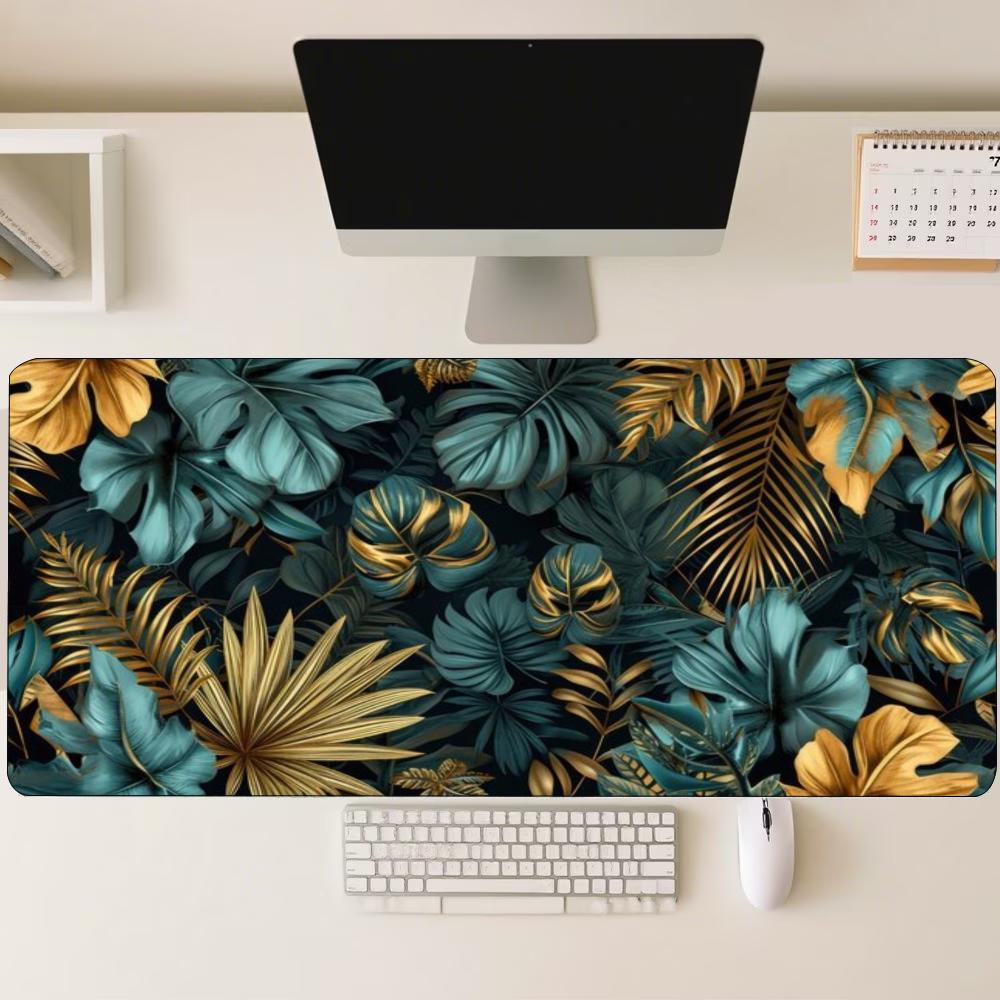 Desk Mat Vintage Golden Tropical Jungle Leaf Print Stitched Edge Anti‑Slip Rubber Base for Gaming Working Home Office Table Use