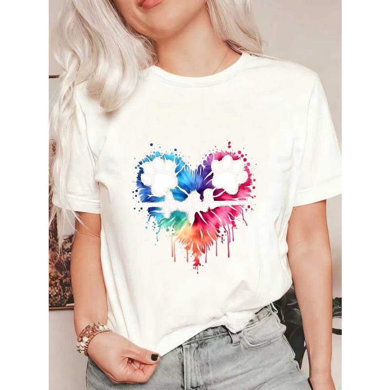 

Black Oversized T Shirt With Colorful Paw Print Heart And Ecg Design For Casual Wear And Pet Lover Outfits XXXXL білий