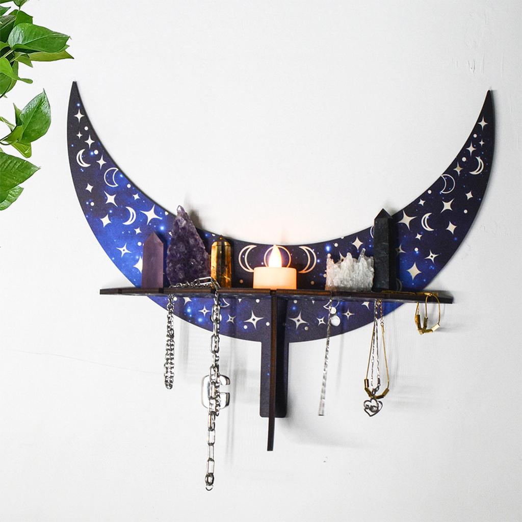 Moon Storage Shelf Wood Candlestick Support Holder Decor Ornament for Crystal Jewelry Collectible Organization
