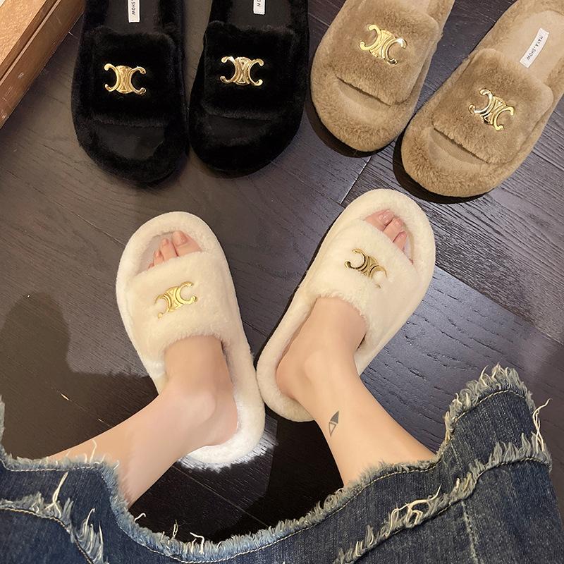 Mao Mao Slippers Wear Women's 2025 New Autumn and Winter Commuting One-character Cotton Drag Versatile Fish Mouth To Keep Warm One Pedal