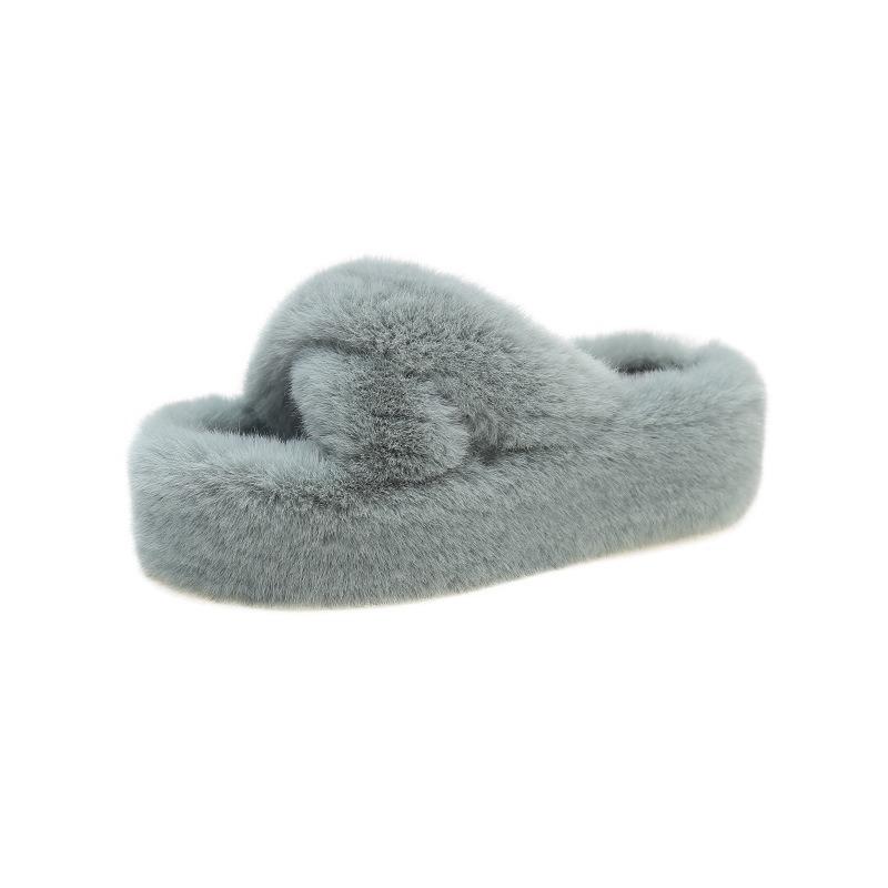 Large Size Fluffy Slippers for Women's Autumn and Winter New Home Exterior Wear with Plush Inside and Thick Bottom Cross Fluffy Mop