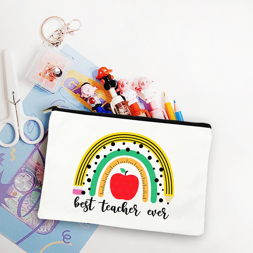 Blessed Teacher Life Leopard Makeup Bags Student White Pencil Pouch Teacher Shopping Handbag Storage Bag Teachers' Day Best Gift