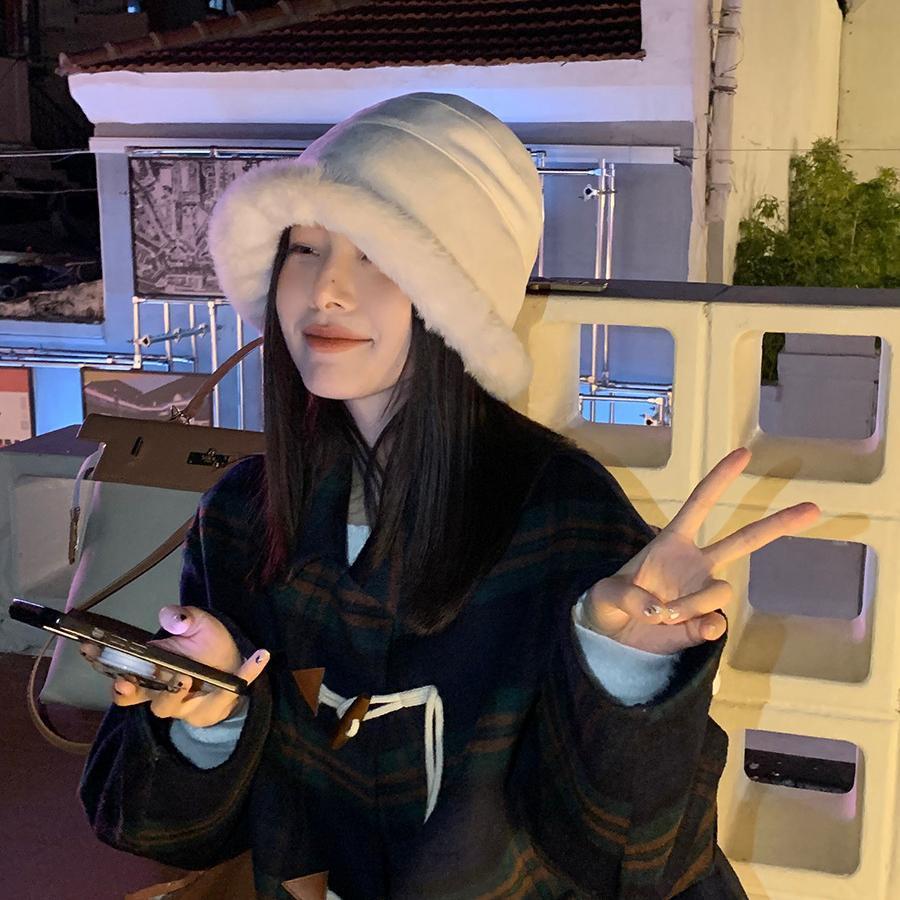 Hairy Hat Women's Winter Hemming Bucket Hat Warm Ear Protector Piled Thickened Big Head Circumference Suede Basin Hat