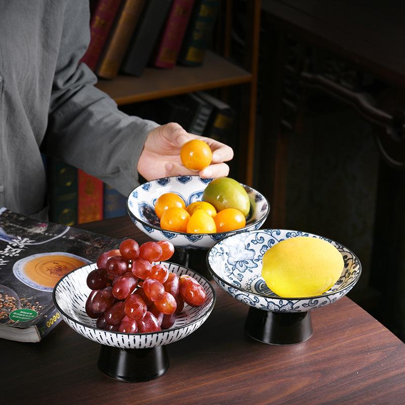Porcelain Tall-Footed Blue & White Fruit Bowl: Tea Table Plate for Melon Seeds, Pastries, Snacks & Dried Fruits