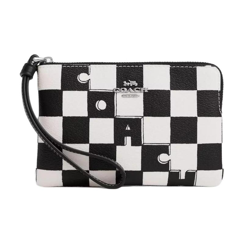 COACH Corner Zip Wristlet 16 checkerboard print zipper closure canvas and leather wallet women s black black чёрный