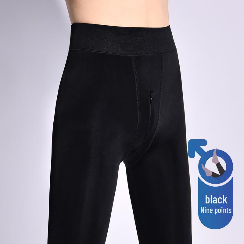 Qinghe Home Men's Warm Black Silk Zippered Plus Velvet Stockings