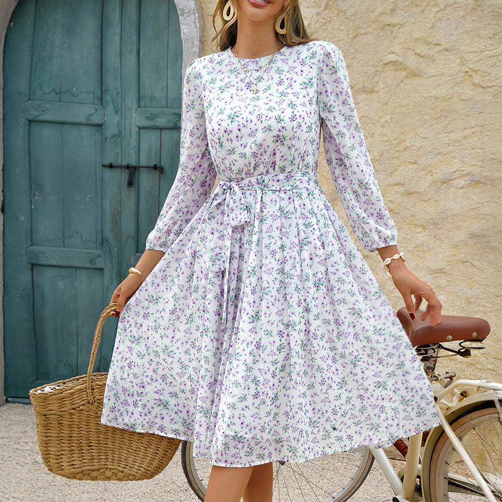 Women's Casual And Fashionable Floral Tie Waist Dress Fashionable Floral Tie Waist Dress