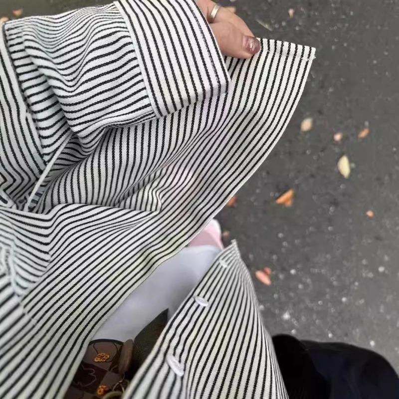 Black White Striped Long Sleeve Loose Fit Polo Shirt For Women Couple Casual Top