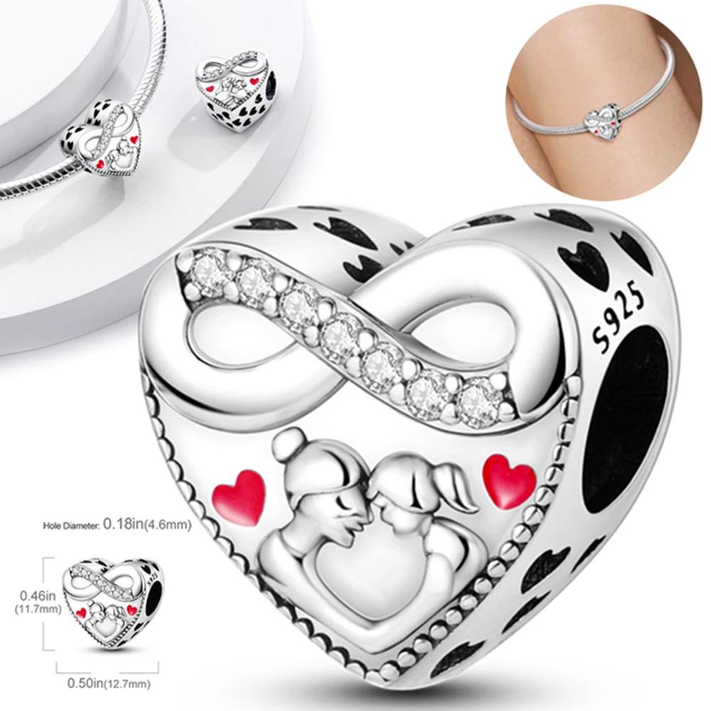 Silver Colour Metallic Pink Heart Charm Heart-shaped Beads Fit  Silve Original Bracelets Fashion DIY Woman Jewelry Making