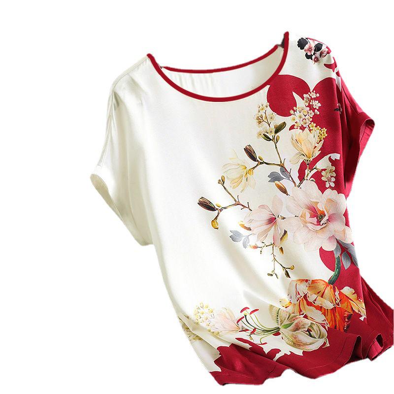 2025 Summer Retro Loose Ice Silk T-Shirt for Middle-Aged and Elderly Plus Size Women