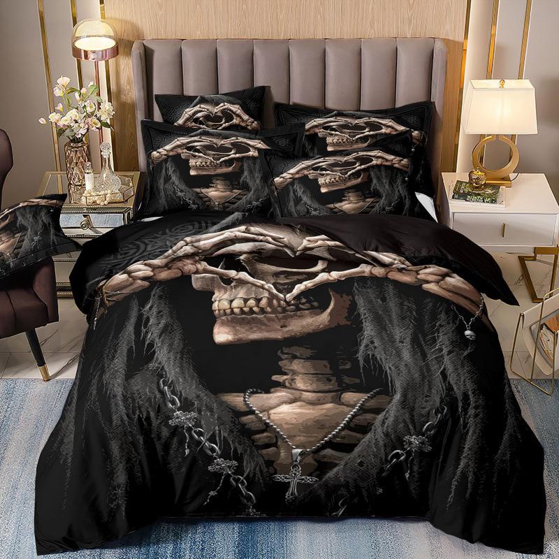 Set de trei piese 3D Textile de casă Lenjerie de pat Schelet Femeie frumoasă Imprimeu Husă de pilotă Cearșaf