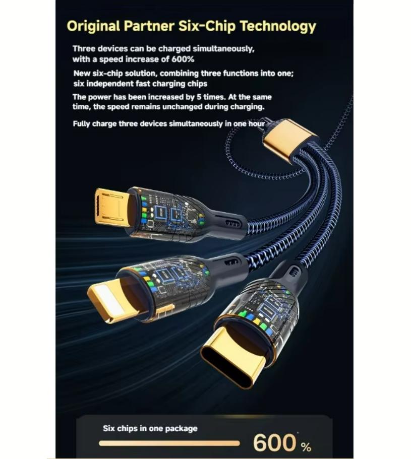 200W Super Fast Charging Data Cable, 3-in-1 Charging Cable, One-to-Three, Compatible with Apple/Android/TYPE-C